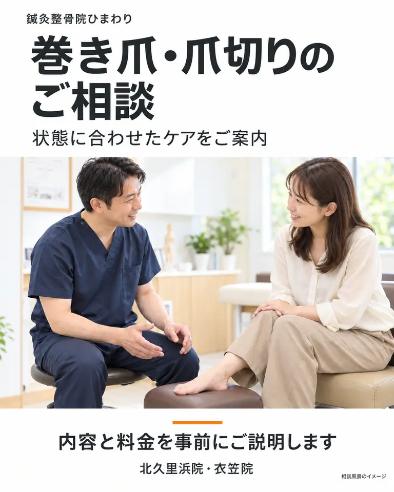巻き爪矯正・爪切りのご相談|鍼灸整骨院ひまわり 巻き爪や爪切りについて相談するイメージ。状態に合わせたケアと料金をご案内します。