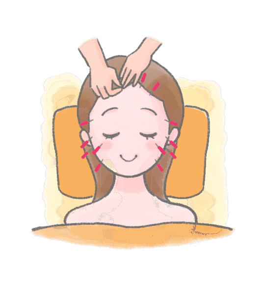 リラックスしながら美容鍼を受ける女性の施術イラスト 顔に美容鍼を受けながらおでこを指圧されてリラックスしている女性のイラスト