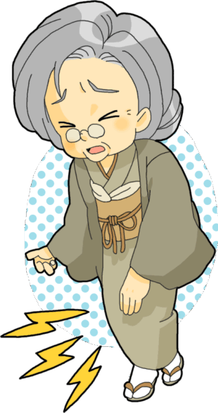 変形性膝関節症:高齢者の膝の痛みに寄り添う 着物を着た高齢女性が、膝を抑えて痛みに顔をゆがめているイラスト。膝の周りには痛みを表す稲妻マークが描かれている。