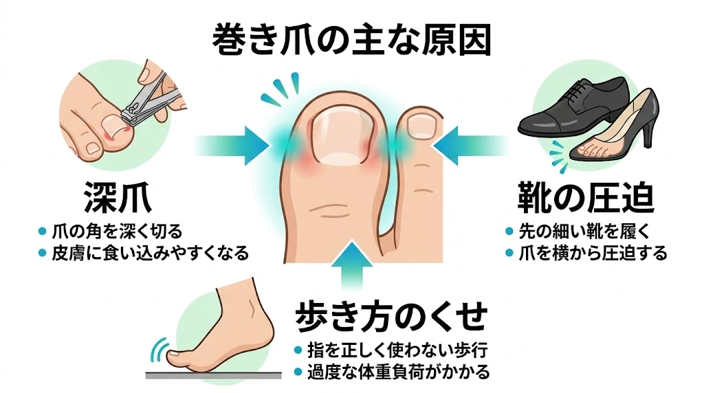 巻き爪の原因である深爪、靴の圧迫、歩き方のくせを説明する横須賀市向け画像