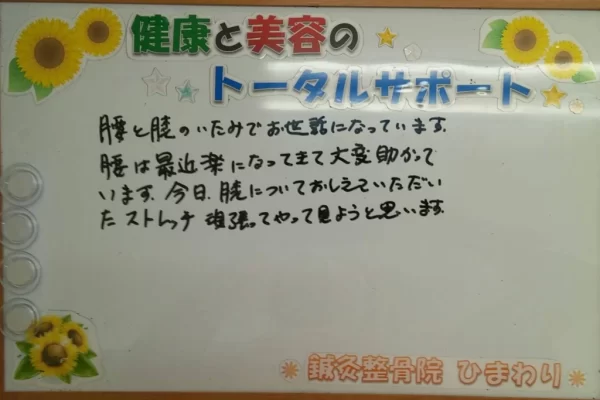 患者様の声:変形性膝関節症(腰と膝の痛み)が改善|鍼灸整骨院ひまわり北久里浜院(横須賀市) 横須賀市の鍼灸整骨院ひまわり北久里浜院に寄せられた、「変形性膝関節症」(腰と膝の痛み)の施術に関する声のボード。「腰は最近楽に、膝のストレッチ指導もしてもらった」と手書きされている。