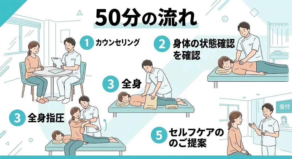 横須賀市の全身指圧コース50分の流れを示した日本語入り案内画像