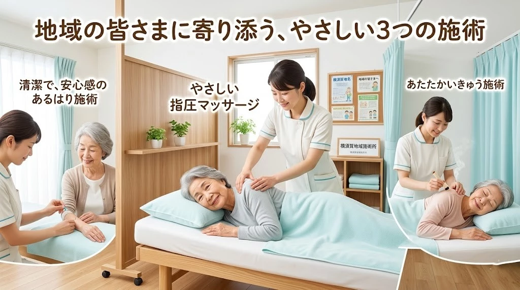 シニアリフレッシュ事業で受けられる指圧マッサージとはりきゅうのやさしい施術イメージ