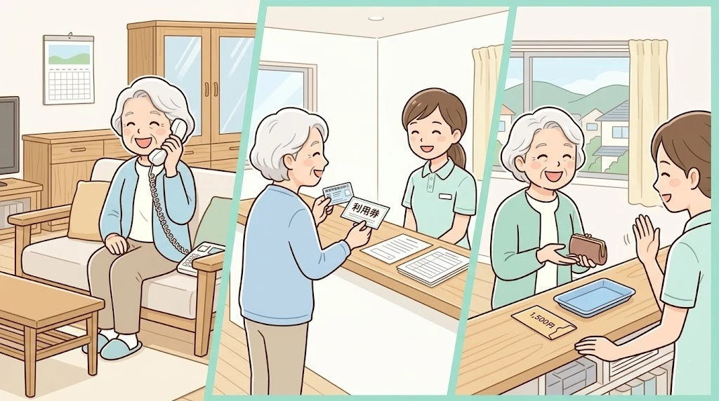 予約、利用券持参、施術後に1,500円支払いまでの流れをイメージした画像