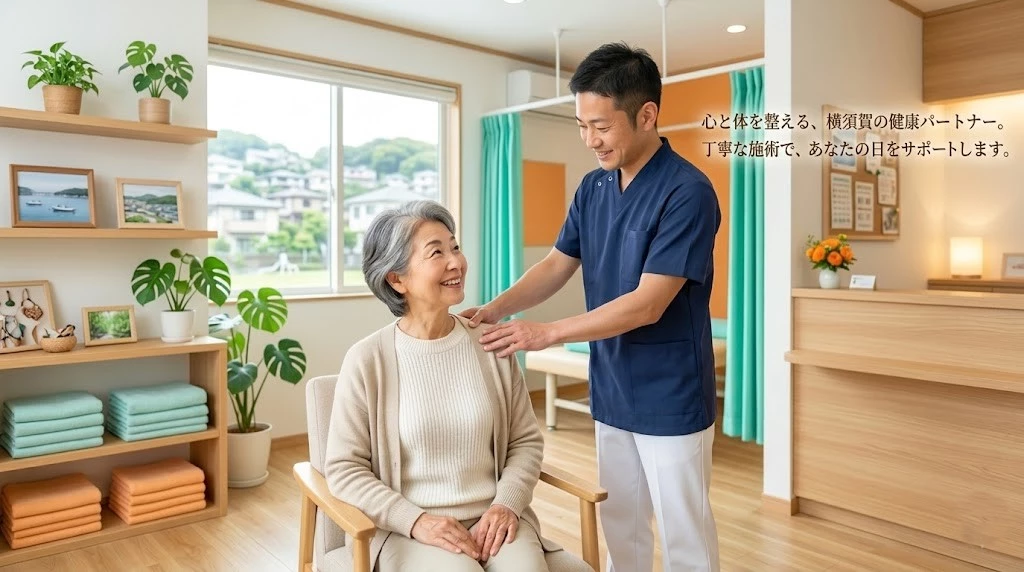 横須賀市シニアリフレッシュ事業で施術を受ける高齢女性の安心感が伝わるヒーロー画像