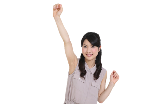 水素吸引療法で、体の内側から活力を!美容や健康の向上を目指し、元気いっぱいの毎日を手に入れましょう。 片腕を高く上げてガッツポーズをし、笑顔を見せている若い女性。