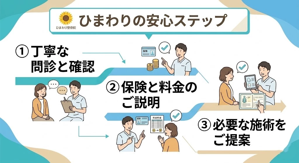 鍼灸整骨院ひまわりの健康保険利用時の安心ステップを示した文字入り画像