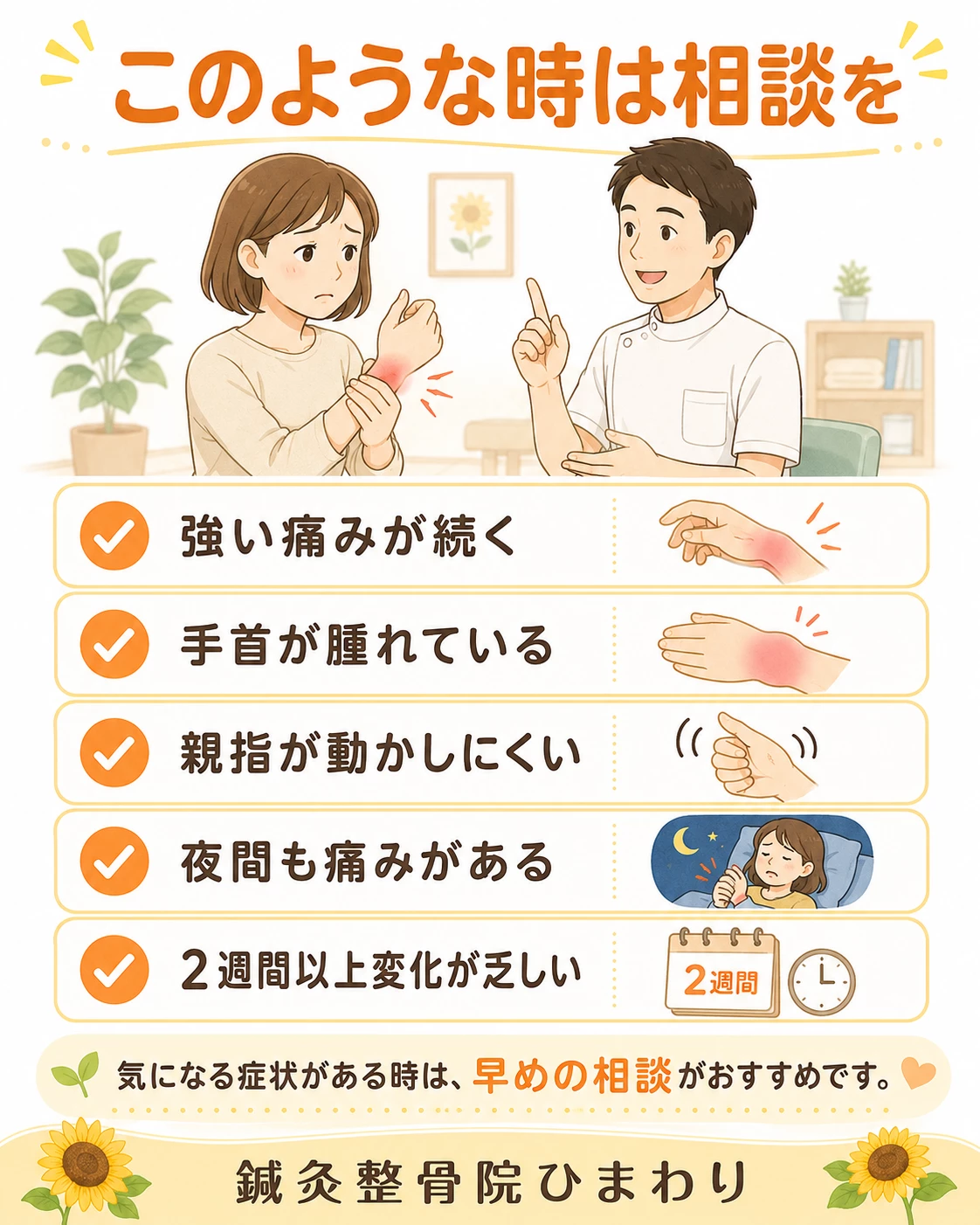 ドケルバン病で注意したい症状として、強い痛み、腫れ、親指の動かしにくさ、夜間も続く痛み、2週間以上変化が乏しい状態を示した画像