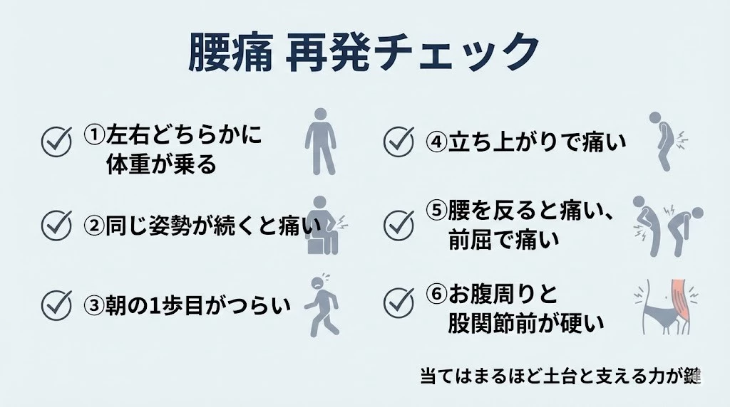 腰痛 再発チェック表 横須賀市 腰痛 再発しやすい人のチェックリスト 左右差 座り方 立ち上がり 鍼灸整骨院ひまわり