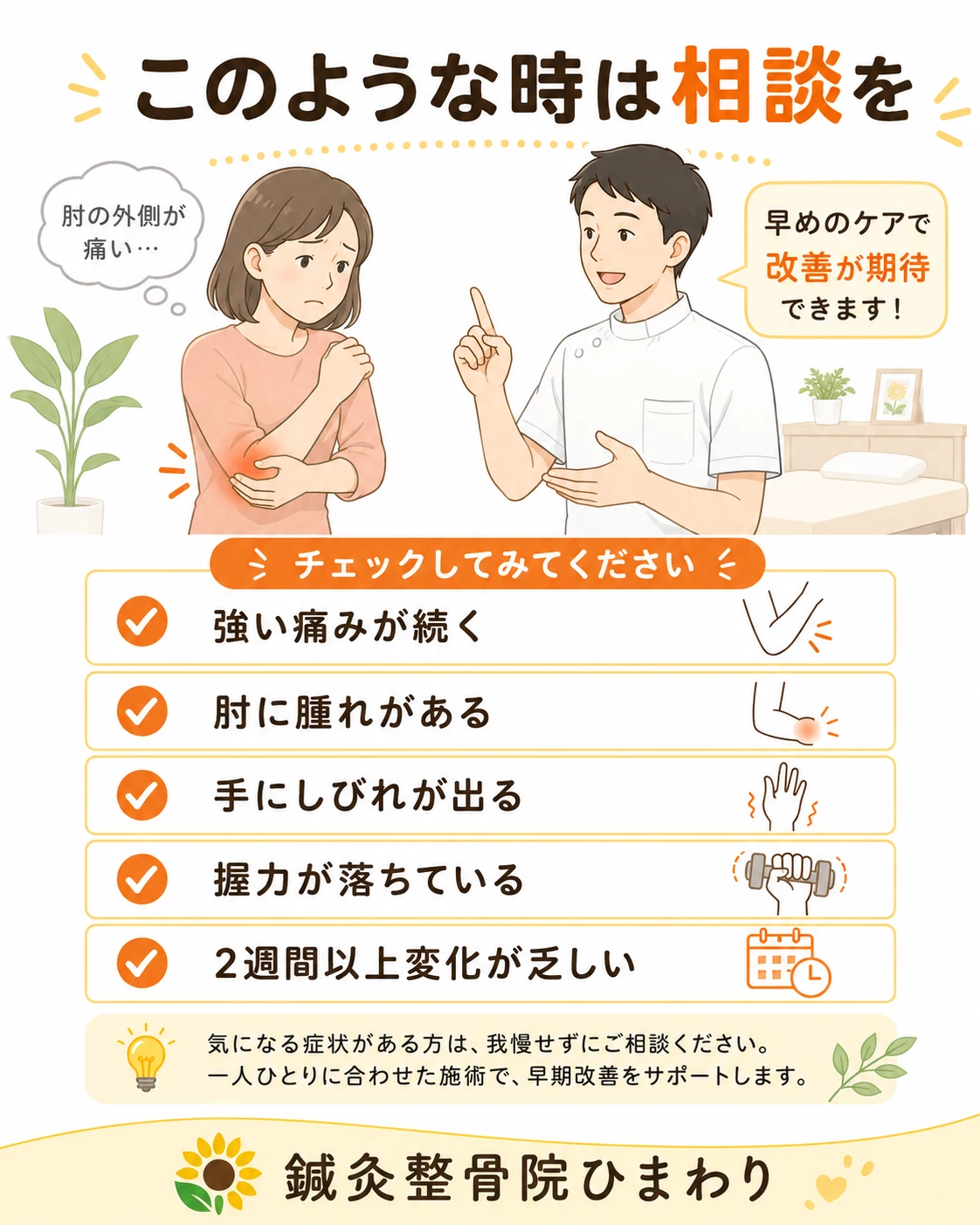 外側上顆炎、テニス肘で注意したい症状として、強い痛み、腫れ、しびれ、握力低下、改善しにくい痛みを示した画像