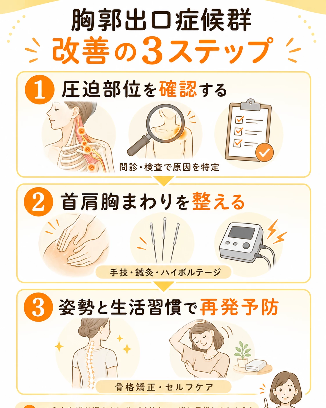 手技鍼灸ハイボルテージ骨格矯正生活習慣指導で胸郭出口症候群のしびれ軽減と再発予防を目指す3ステップ画像