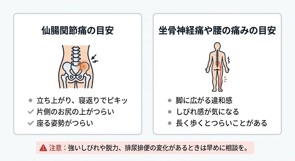 横須賀市の仙腸関節痛と坐骨神経痛や腰の痛みの違いを痛む場所と動きの特徴で整理した比較図