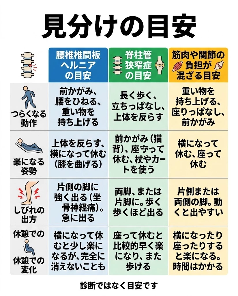 腰椎椎間板ヘルニアと脊柱管狭窄症と筋肉や関節の負担の違いを整理する比較図 横須賀市