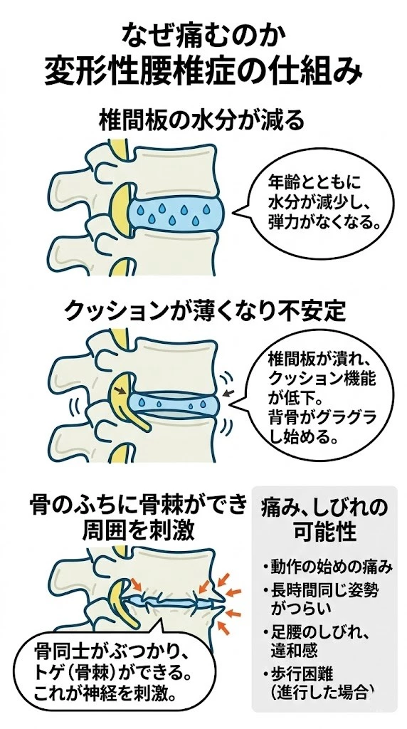 椎間板の変化と骨棘による神経刺激を図で示した変形性腰椎症の仕組み