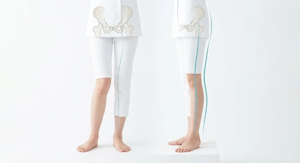 足元のバランスが膝や骨盤や姿勢に影響することを表したイメージ