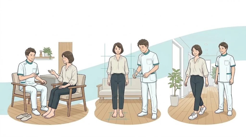 足の評価からフィッティング確認までの流れを表したイメージ