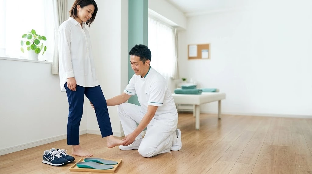 横須賀市の鍼灸整骨院ひまわりで足の評価と医療用インソールの相談を行うイメージ