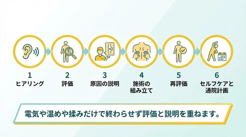 鍼灸整骨院ひまわり北久里浜院、衣笠院の脊柱管狭窄症の評価と再評価の流れを示す図解 横須賀市