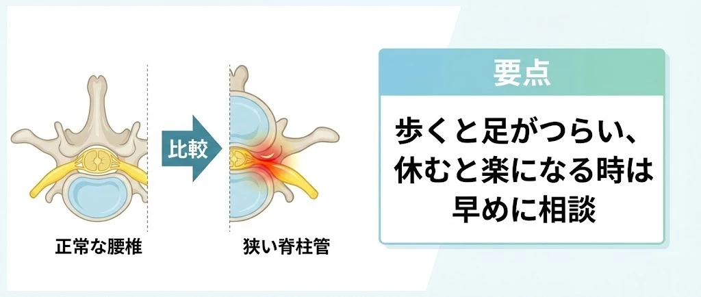 脊柱管狭窄症で神経の通り道が狭くなるイメージ図 横須賀市