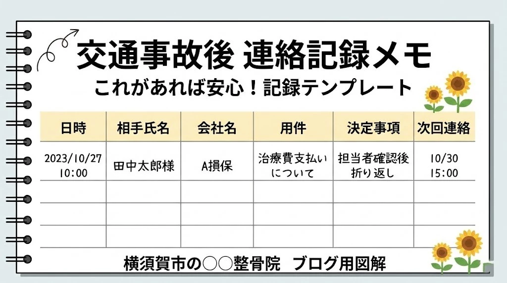 横須賀市の交通事故後に保険会社へ連絡する際のメモ項目例