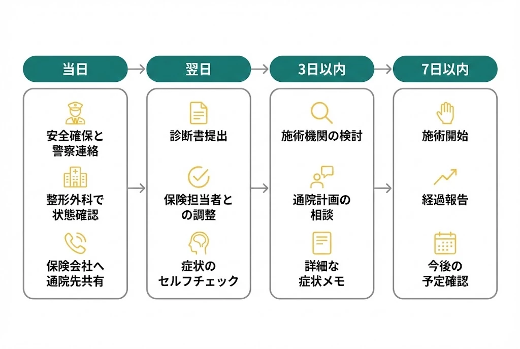 交通事故の被害者が事故当日から7日までに行う初動の流れ
