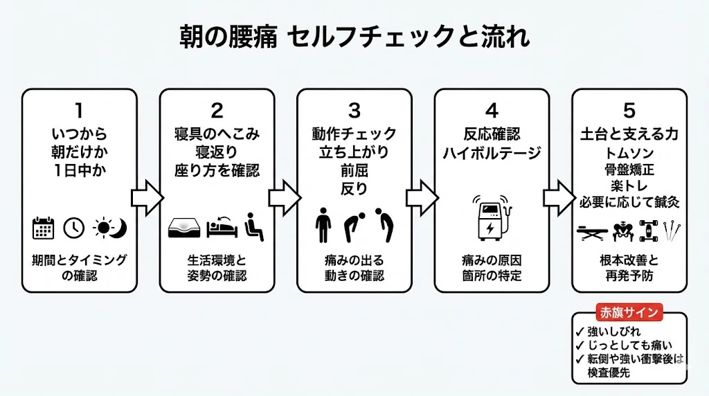 横須賀市 朝の腰痛 セルフチェック 受診目安 赤旗サイン ハイボルテージ トムソン 骨盤矯正 楽トレ 鍼灸整骨院ひまわり
