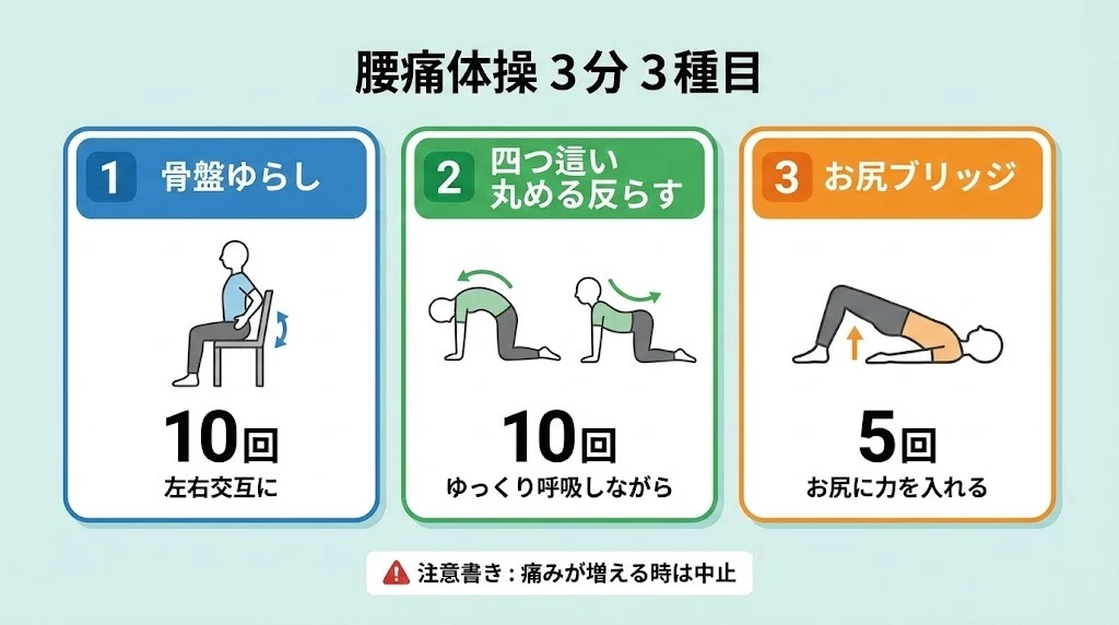 横須賀市 腰痛体操 3分 3種目 図解 鍼灸整骨院ひまわり