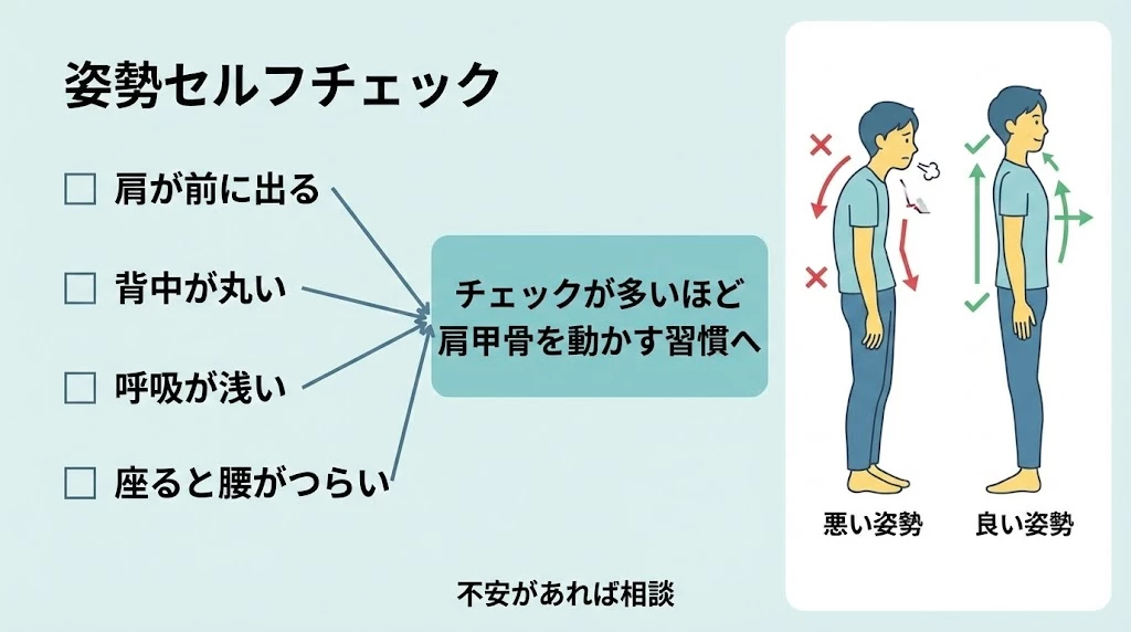 横須賀市 姿勢セルフチェック 肩甲骨の位置と腰への負担 鍼灸整骨院ひまわり北久里浜院 衣笠院