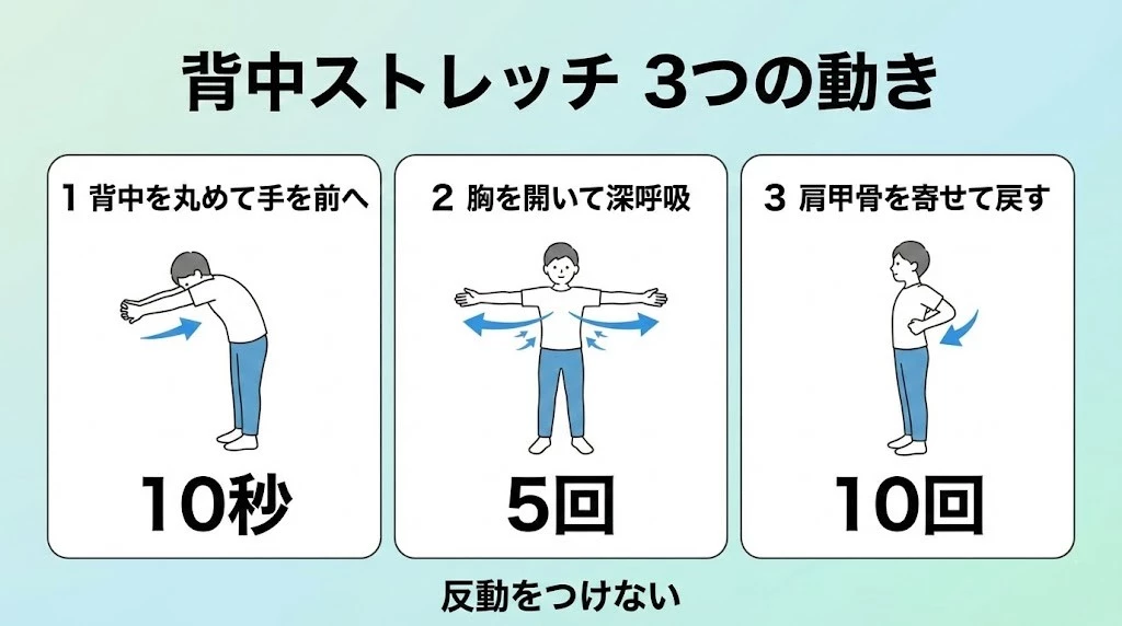 横須賀市 立ったまま 背中ストレッチ 3つの動き 図解 鍼灸整骨院ひまわり