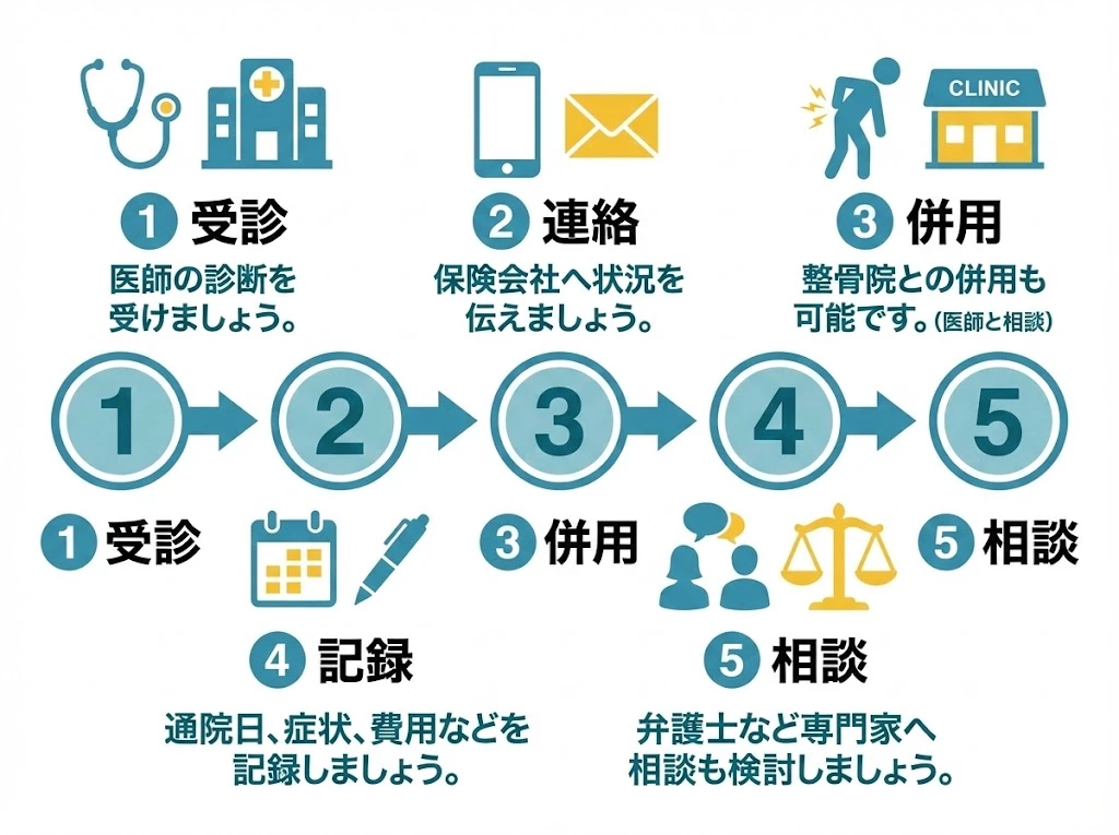 交通事故後の通院計画を5ステップで整理した図