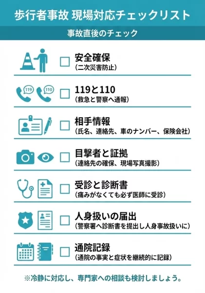 横須賀市の歩行者事故で現場対応のチェック項目をまとめた図 