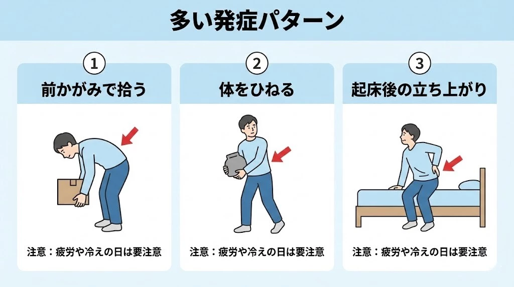 ぎっくり腰 よくある発症パターン 前かがみ ひねり 立ち上がり 図解