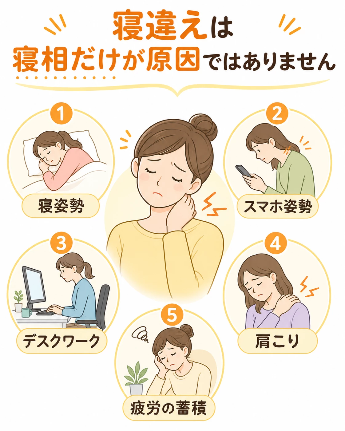 寝違えの原因として睡眠姿勢だけでなくデスクワークスマホ姿勢肩こり疲労の蓄積を示す図解画像
