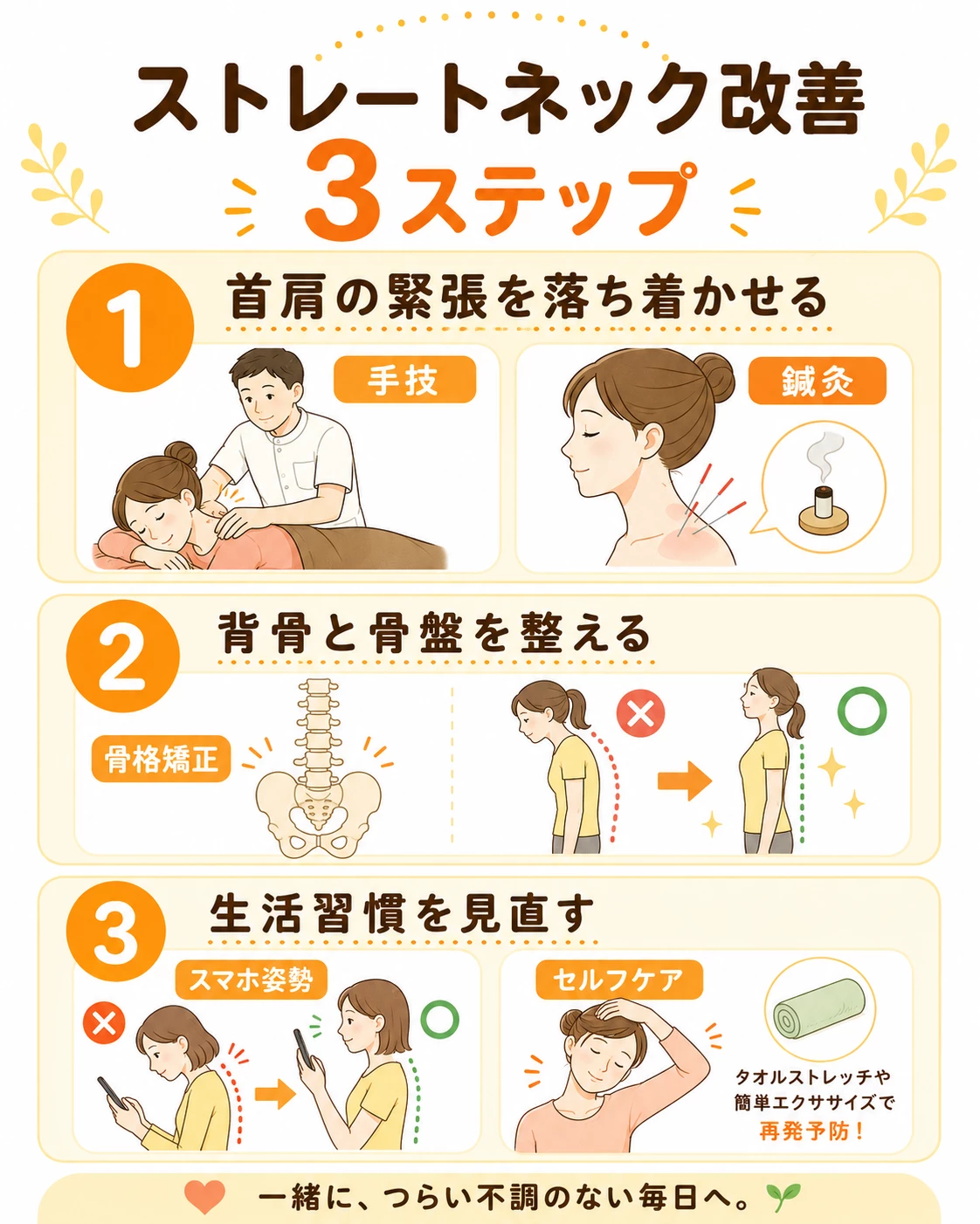 手技鍼灸骨格矯正生活習慣指導でストレートネック改善を目指す3ステップ画像