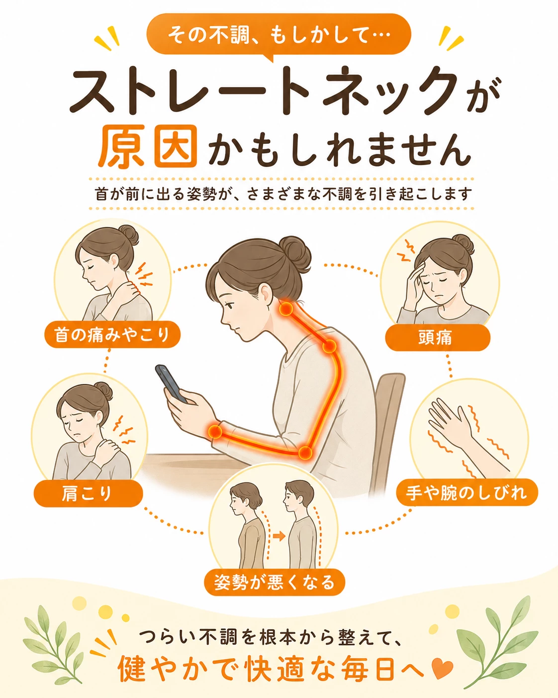 ストレートネックが首こり肩こり頭痛手や腕のしびれにつながることを示す症状マップ画像
