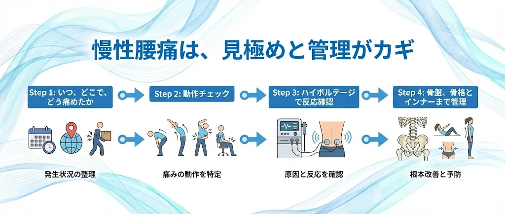慢性腰痛の原因の見極めと管理の流れを図解したヒーロー画像、横須賀市の鍼灸整骨院ひまわり