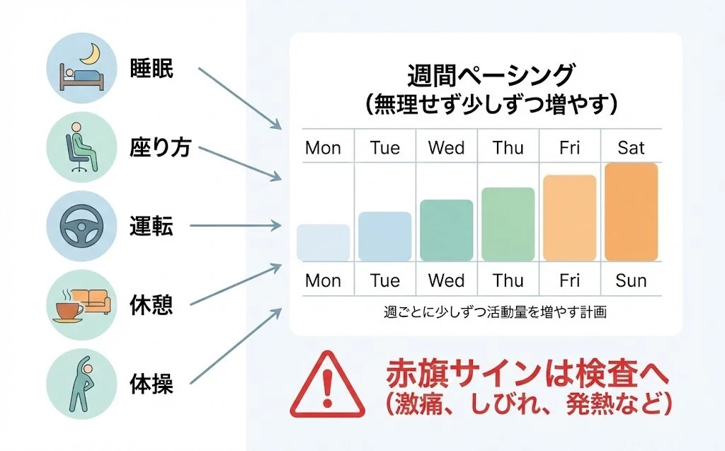 慢性腰痛のセルフマネジメント計画、睡眠、座り方、休憩、運転、体操のポイントをまとめた図、横須賀市