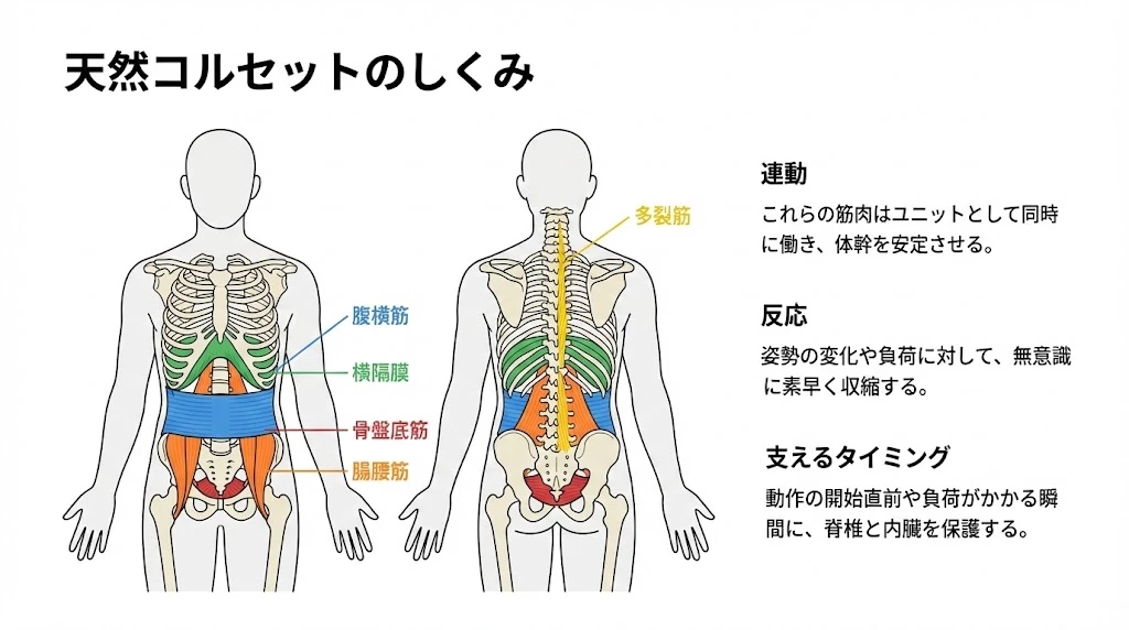 腰を支えるインナーマッスルの位置と役割を示す図 腹横筋 多裂筋 横隔膜 骨盤底筋 腸腰筋
