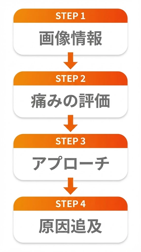 腰痛の評価と施術の流れを示す4ステップ図