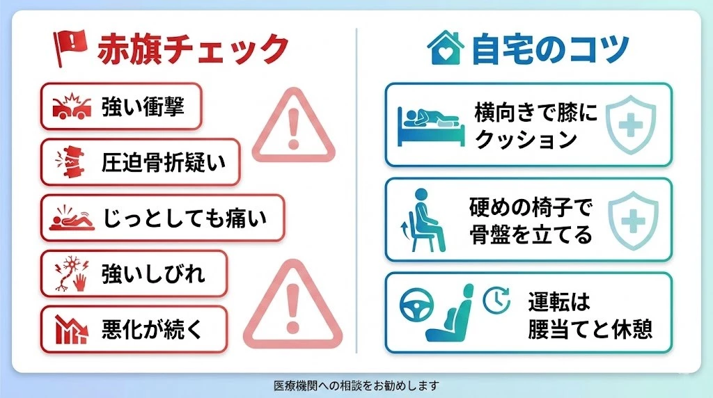 腰痛の赤旗サインと自宅での過ごし方 横向き寝 膝クッション 硬めの椅子 腰当て 横須賀市 鍼灸整骨院ひまわり