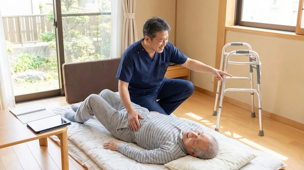 自宅で腰痛の状態確認を行う訪問施術の風景 横須賀市 鍼灸整骨院ひまわり北久里浜院 鍼灸整骨院ひまわり衣笠院