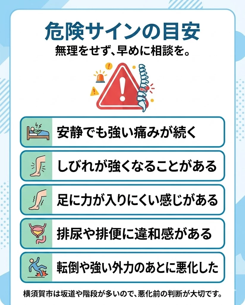 腰の痛みで受診の目安になる危険サインをまとめた図解画像