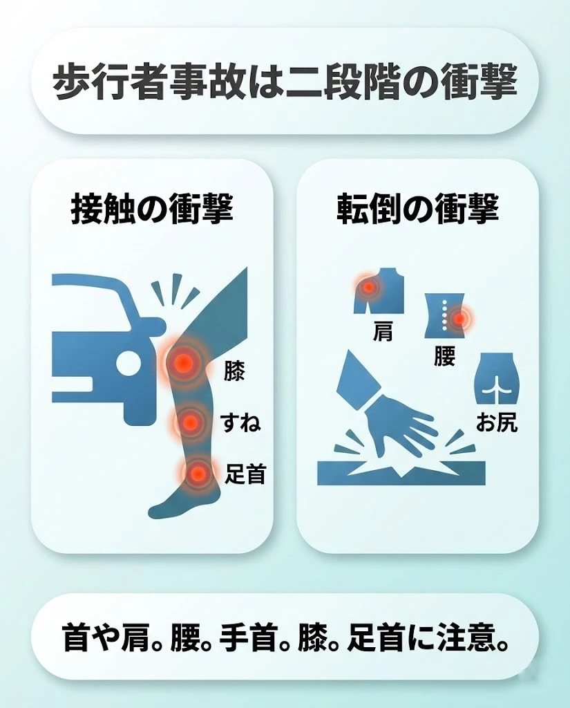 横須賀市 歩行者事故 二段階の衝撃で起こりやすい痛み 下半身 転倒 首肩 腰の図解 鍼灸整骨院ひまわり