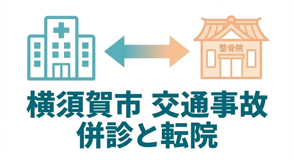 横須賀市の交通事故で病院と整骨院の併診と転院を説明するタイトル画像。