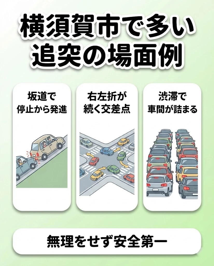 横須賀市 追突事故が起きやすい場面例を示す図解 鍼灸整骨院ひまわり