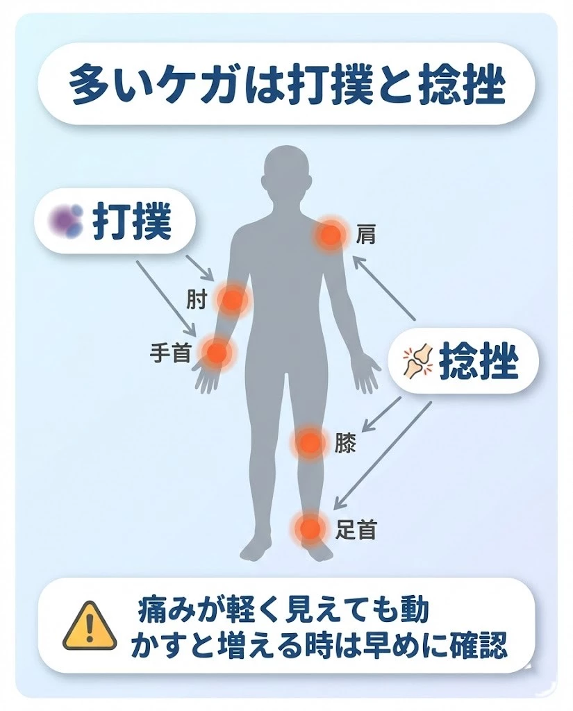 自転車事故で多い打撲と捻挫の部位を示す図解
