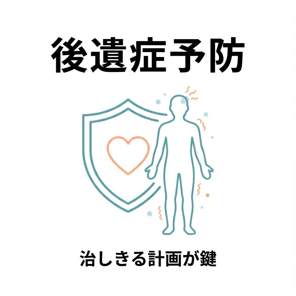 横須賀市の交通事故後の後遺症予防を示すシールドとハート、人体アイコンと「後遺症予防」「治しきる計画が鍵」の図解