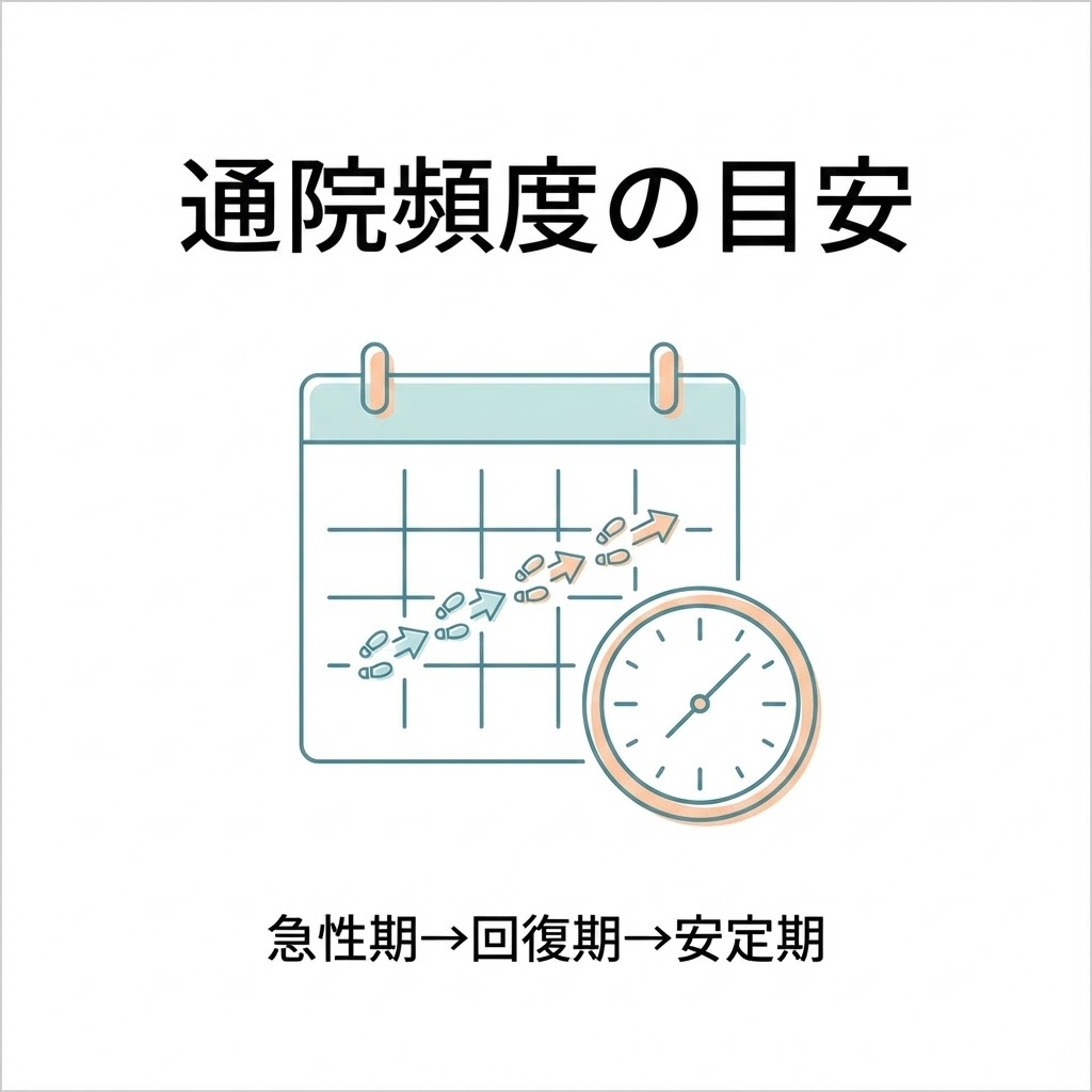 横須賀市の交通事故後の通院頻度の目安を示すカレンダーと時計の図解、「通院頻度の目安」「急性期→回復期→安定期」の文字入り
