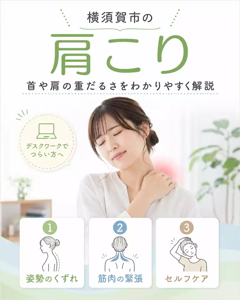 横須賀市で肩こりによる首肩の重だるさや姿勢のくずれを解説する画像