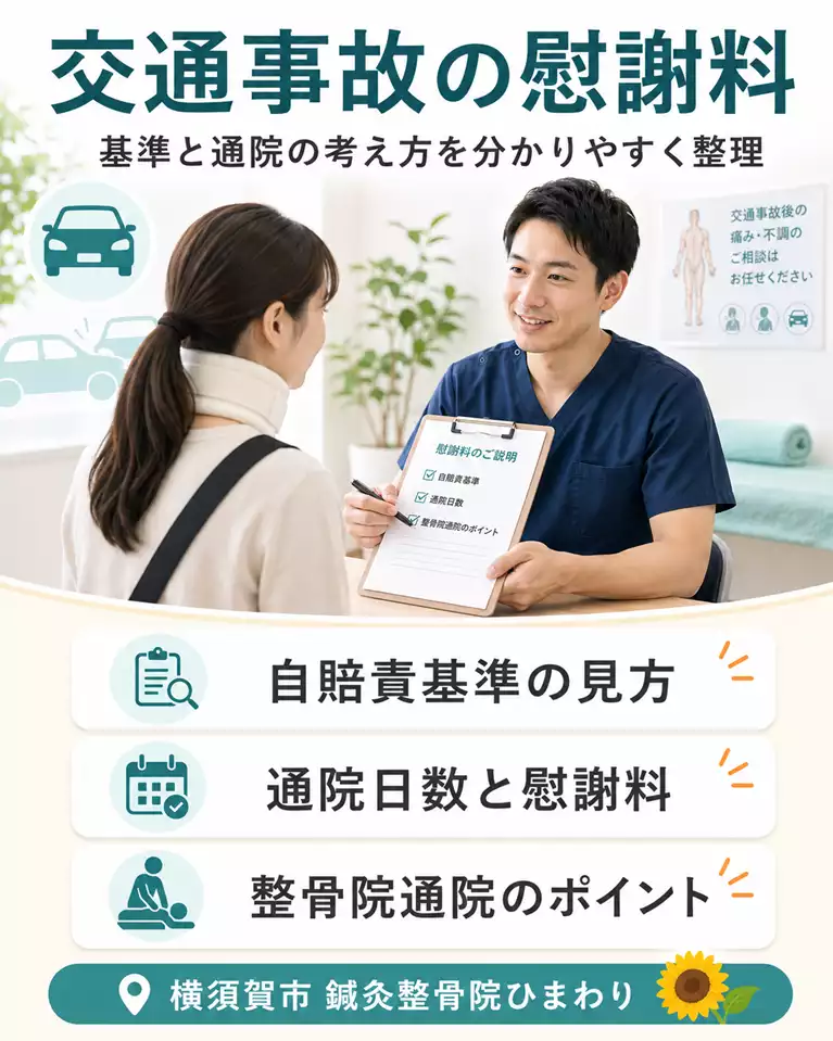 横須賀市で交通事故後の慰謝料と通院を相談する鍼灸整骨院ひまわりの案内 横須賀市で交通事故後の慰謝料に不安がある方向けに、自賠責基準の見方、通院日数と慰謝料、整骨院通院のポイント、保険会社への確認事項を案内する鍼灸整骨院ひまわりのスマホ用ヒーロー画像
